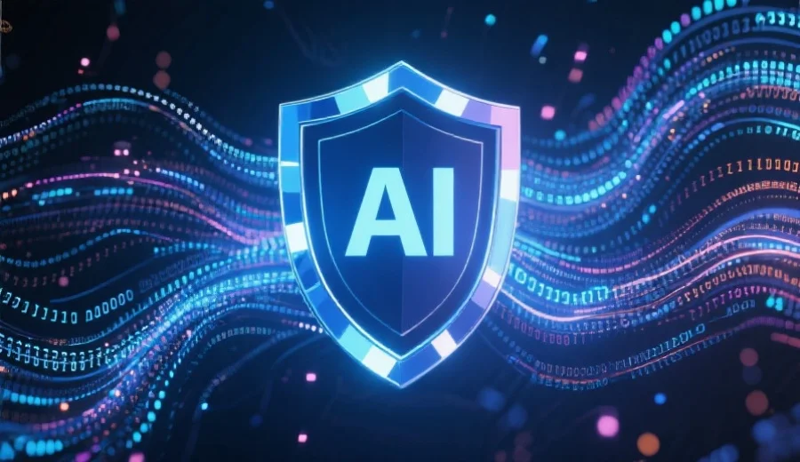 抽象风格的AI网络安全防护盾牌，背景为数字化代码流，体现高科技感和安全氛围