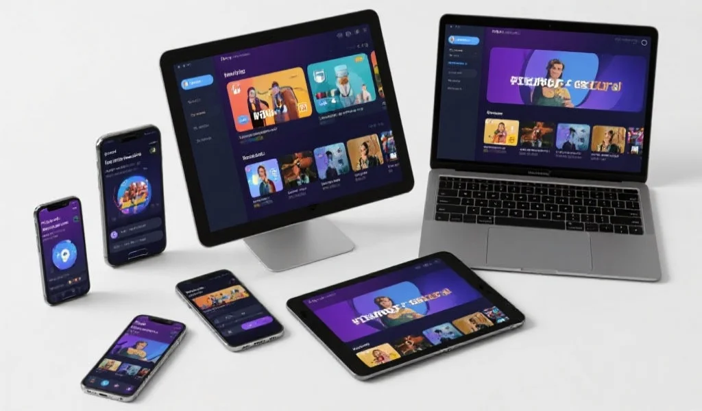 多种智能设备（手机、平板、笔记本电脑）同时显示同一个娱乐应用界面，体现跨平台同步