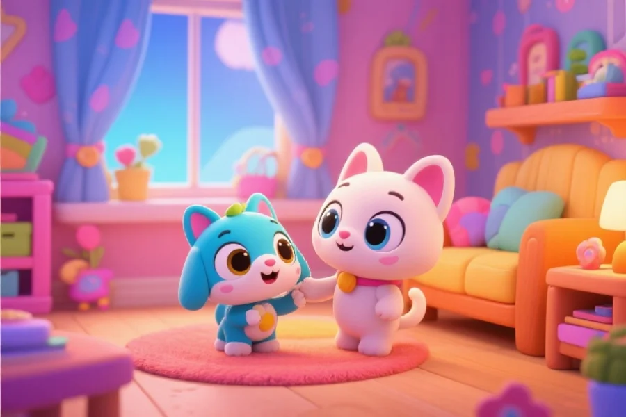 卡通风格的虚拟宠物在温馨的房间里与玩家亲密互动，背景充满色彩和童趣